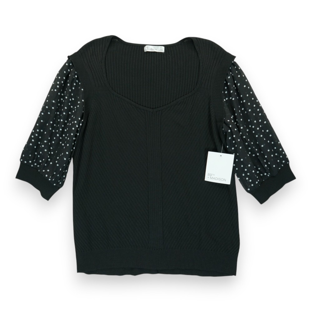 NWT 89th & Madison‎ Top Women's Medium Black White Combo Short Sleeve Polka Dot